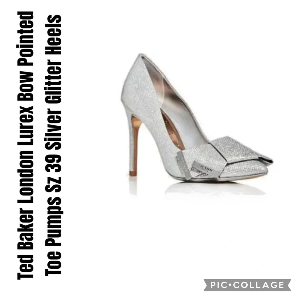 Ted Baker London Lurex Bow Pointed Toe Pumps Sz 39 Silver Glitter Heels